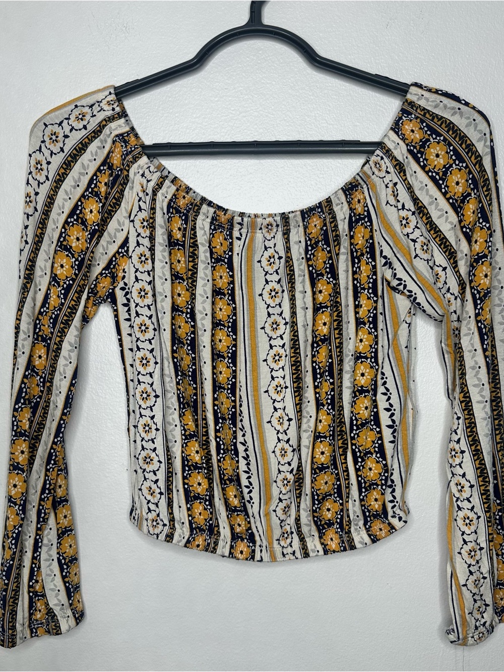 H&M Divided Yellow and Navy Floral Striped Off-Shoulder Crop Top XS